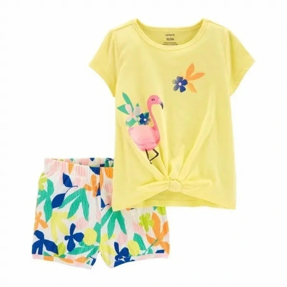 Carters • NWT Yellow Floral Flamingo Shirt Shorts Set - Picture 1 of 6